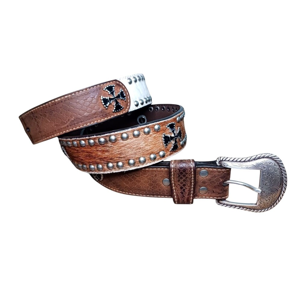 Nocona Belts Mens Sz 40 Genuine Leather Hair On Hide Western Studs Cross Conchos